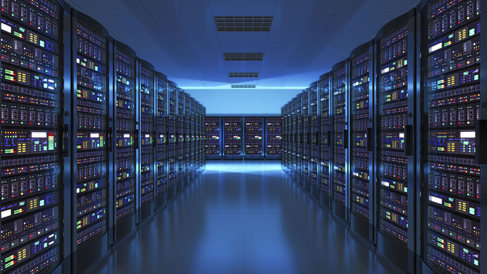 Description: A virtual server room with many rows of servers.