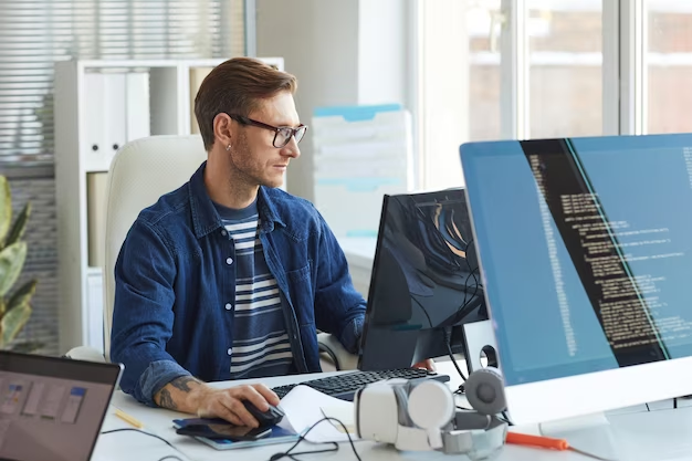 Man using computer in office while working