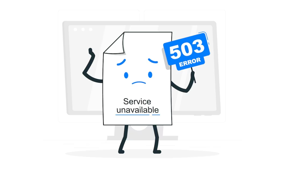 a sheet with legs and arms holding a sign with an inscription 503 error, words service unavailable on sheet