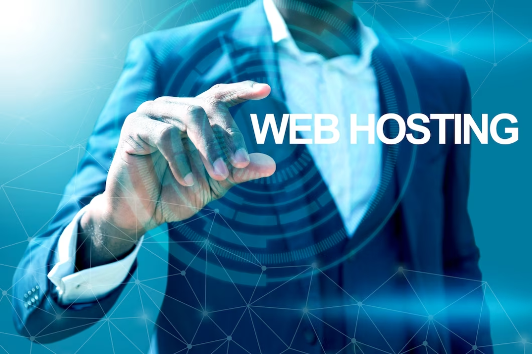 A man in a suit holding the text 'web hosting' in his hand