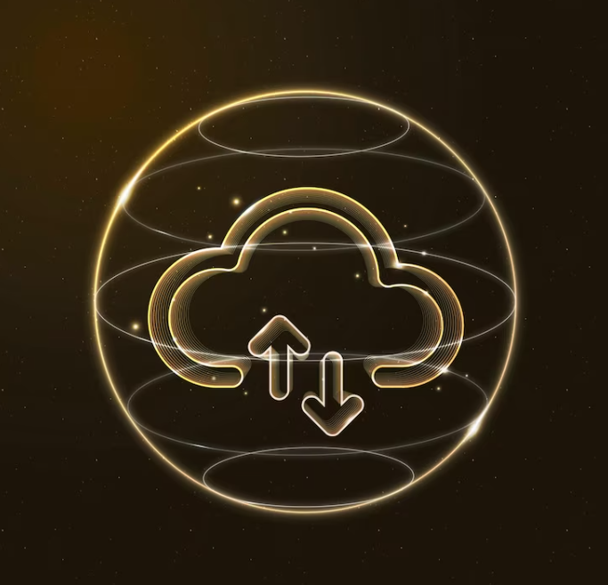 Cloud network technology icon in a circle on plain black fond