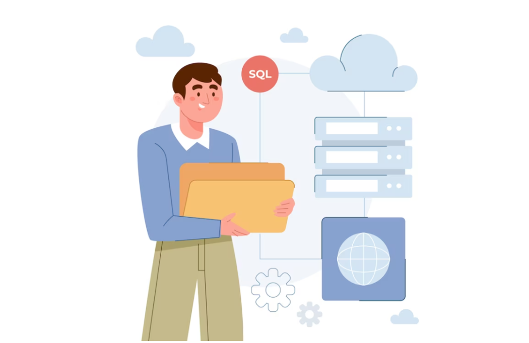 character holding the folder, sql word above him, cloud and databases in the corner
