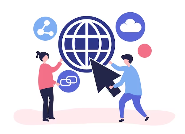 Man and woman holding a planet and clicking on it in italics