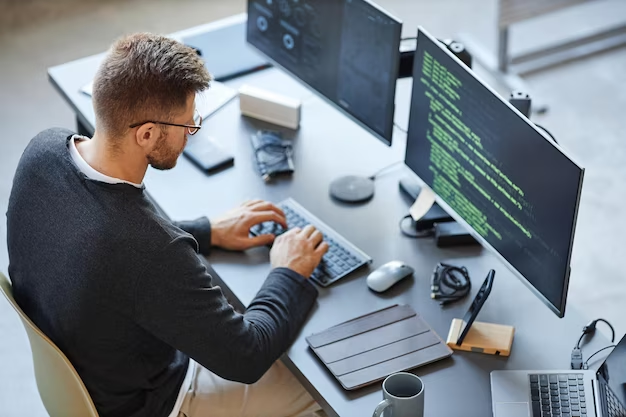 A man is programming using two monitors