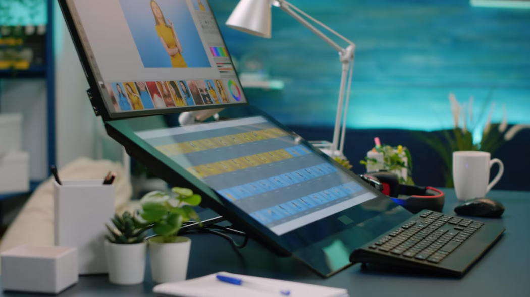 laptop, keyboard, small vases with flowers, white lamp, and computer mouse on the table