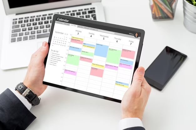 Man using a tablet displaying a calendar