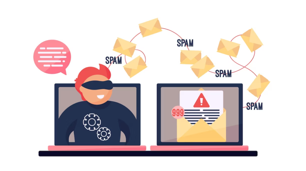 hacker with a bandage on a laptop, the other laptop with 999 warnings and words spam over it