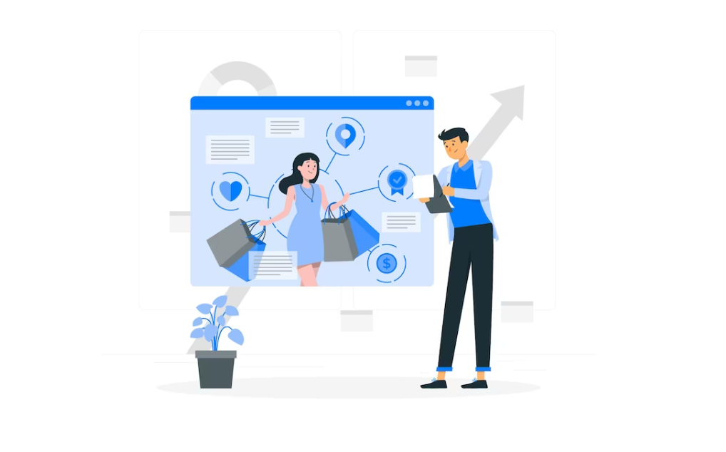 woman with bags on webpage, a man with sheet standing near the page